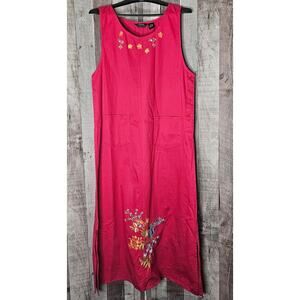ASAPO Red Embroidered Sleeveless DRESS Floral Flowers Cotton Maxi Shift W Large